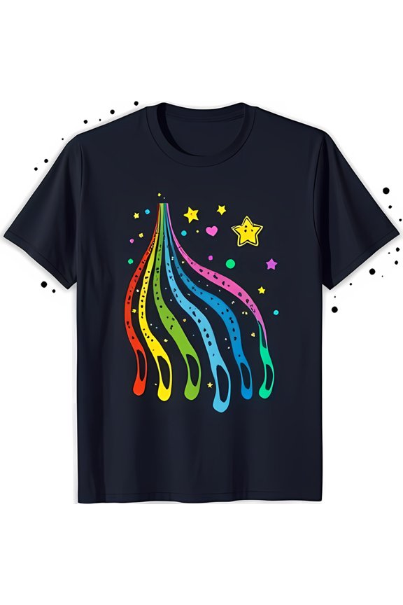 Whimsical Rainbow Drip Design T-Shirt with Stars & Hearts on Dark Blue