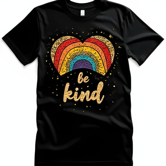 Whimsical Rainbow Heart Black T-Shirt with Gold Glitter Be Kind Design