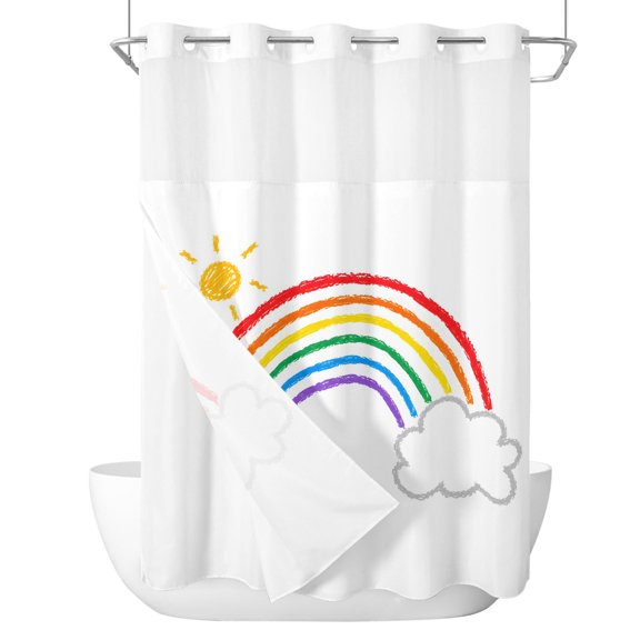 Whimsical Rainbow No Hook Shower Curtain and Snap in Liner Set, Nursery Clouds Bright Yellow Sun Waterproof Shower Curtain Liner Set with Mesh Top Window for Bathroom 72x84in