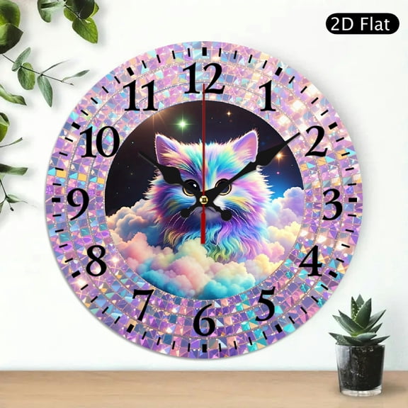 Whimsical Rainbow Kitten Wall Clock, Magical Cat on Pastel Clouds Design, Decorative Mosaic Border Circular Clock, 10x10 Inch, 1pc, Battery Not Included