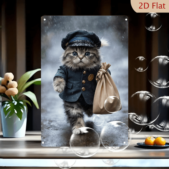 Whimsical Rainy Scene Fluffy Kitten Mail Carrier Vintage Uniform 8x12 Inches Tin Metal Wall Art Print, Nostalgic Anthropomorphic Cat Postal Worker Canvas Picture for Home Decor