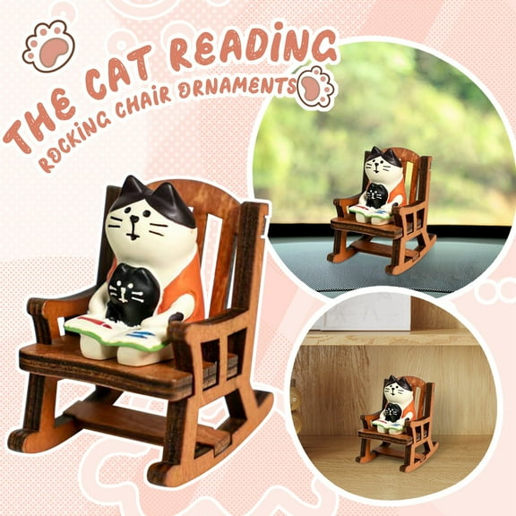 Whimsical Reading Cat Rocking Chair Figurine | Charming Pet Lover Desk & Bookshelf Decor Statue for Home