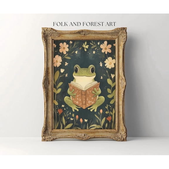 Whimsical Reading Frog Art, Cottagecore Book Lover Wall Art, Unframed Paper Poster 24x36in