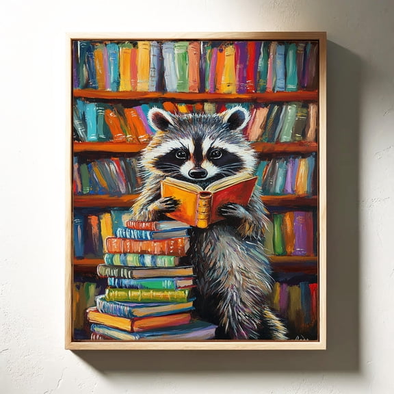 Whimsical Reading Raccoon Library Poster Book Lover Wall Art Vibrant Animal Decor , Poster Print Only