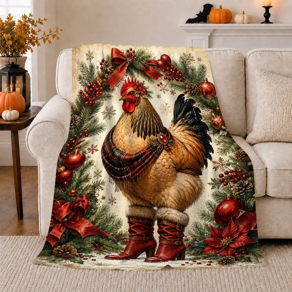 Whimsical Red-Booted Rooster Christmas, Festive Holiday Scene, Warm Flannel Blanket for Ranch House and Living Room, Art Lovers Christmas Gift, Festive Home Decor