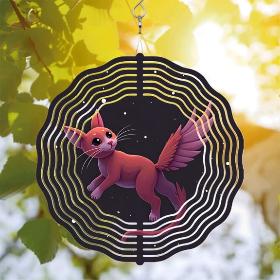 Whimsical Red Cat Metal Wind Spinner with Wings & Fluffy Tail - Ethereal Garden Decor with Sound Wave Design for Yard & Patio