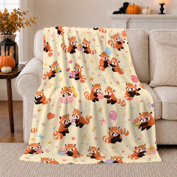 Whimsical Red Panda Celebration Pattern, Playful Food Art Scene, Warm Flannel Blanket for Kitchen and Dining Room, Food Lovers Birthday Gift, Playful Home Decor
