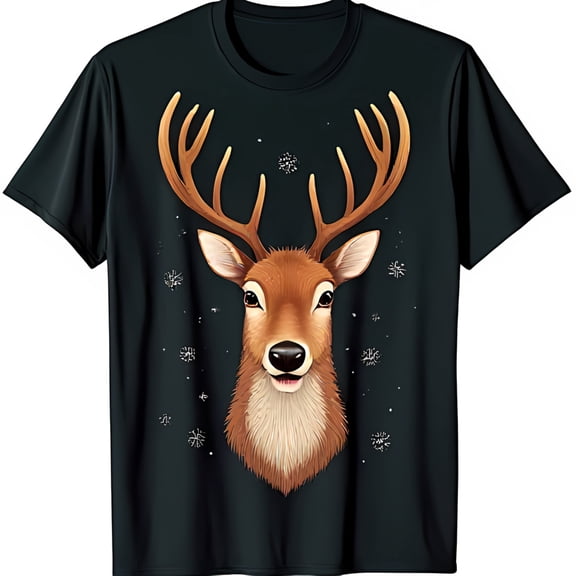 Whimsical Reindeer Illustration Black T-Shirt with Pattern