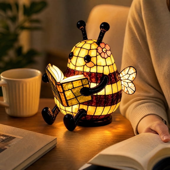 Whimsical Resin Bee Reading Book Night Light, Imitation StainedGlass Honey Bee Statue, Cute Household Bookshelf Display Decor, Creative Present for Book Fans