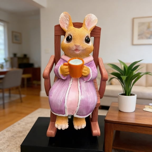 Whimsical Resin Bunny Figurine, Adorable Rabbit in Purple Robe Sitting on a Rocking Chair Holding a Mug, Ideal for Tabletop, Shelf, Home Decor, Easter Decorations and Gift Giving