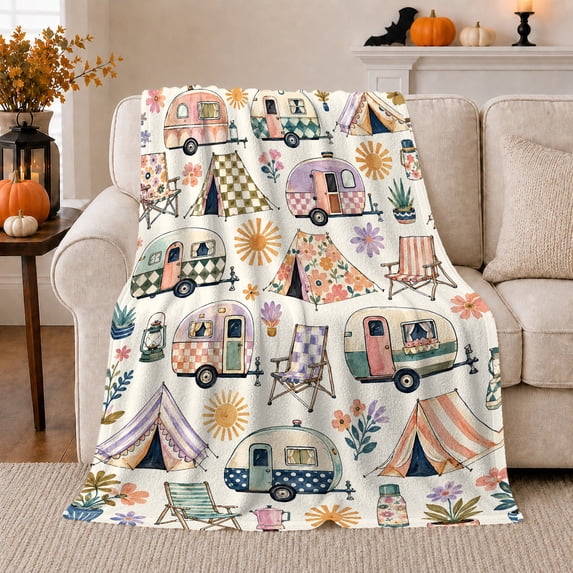 Whimsical Retro Camping Trailers Tents Watercolor Pattern, Rustic Camping Scene, Warm Flannel Blanket for Cabin and Lodge, Outdoor Lovers Camping Gift, Rustic Home Decor