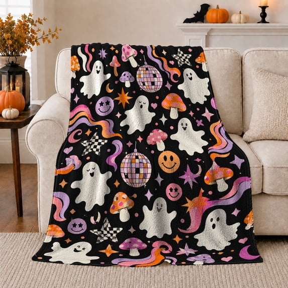 Whimsical Retro Halloween Ghost Pattern, Festive Halloween Scene, Warm Flannel Blanket for Living Room and Family Room, Art Lovers Halloween Gift, Festive Home Decor