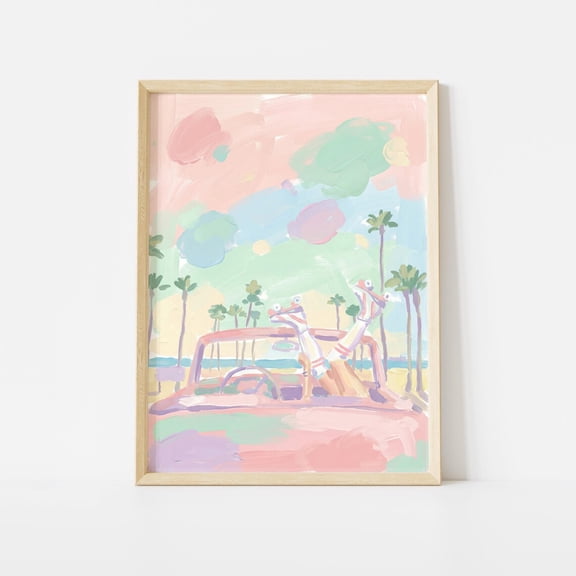 Whimsical Retro Summer Road Trip Roller Skates Convertible Travel Nostalgia Scene, Unframed Poster