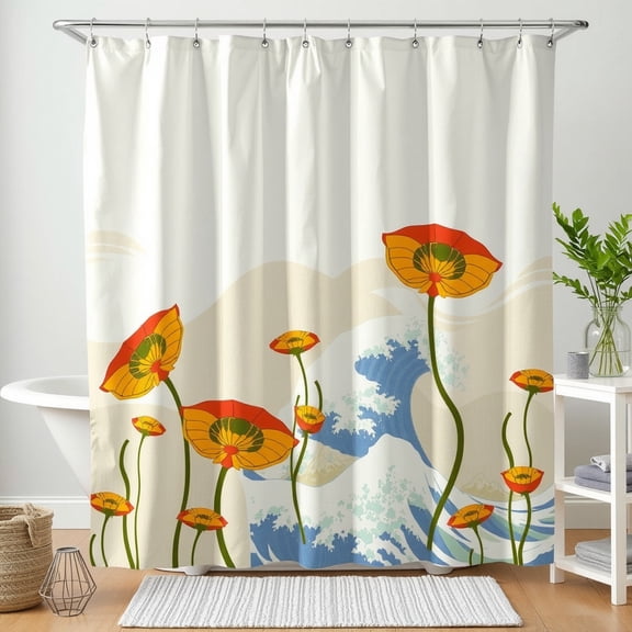 Whimsical Retro Wave Shower Curtain Vibrant Blue & Beige