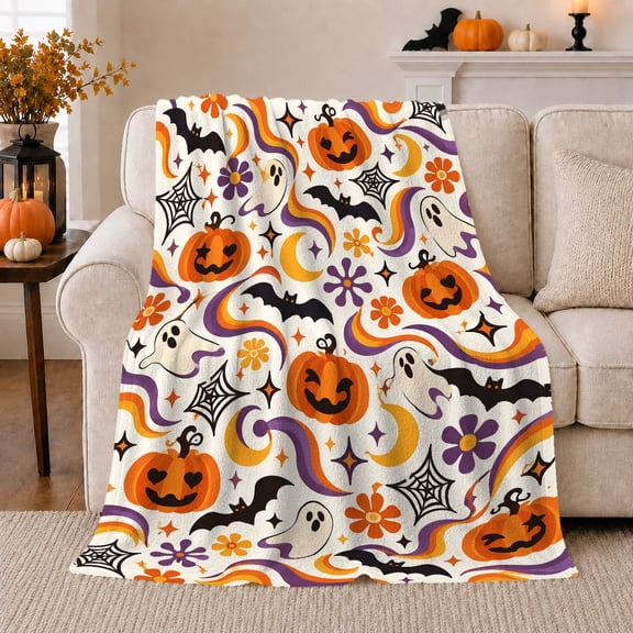 Whimsical Retro autumn celebration Pumpkin Bat Pattern, Festive autumn celebration Scene, Warm Flannel Blanket for Living Room and Family Room, Art Lovers autumn celebration Gift, Festive Home Decor