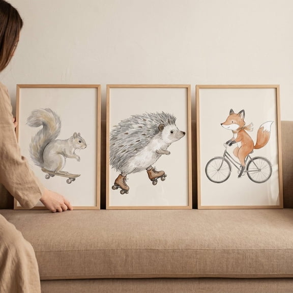 Whimsical Riding Woodland Animals Wall Art Set of 3 Fox Squirrel Hedgehog Nursery Decor Watercolor Animal Prints Kids Decor Playroom Art Set 3