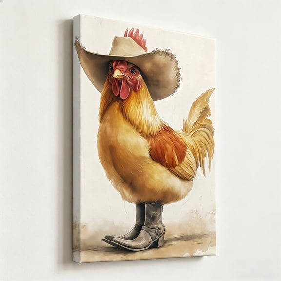 Whimsical Rooster in Cowboy Boots Canvas Wall Art Funny Chicken wearing Western Hat Painting Cute Farm Animal Portrait Poster Rustic Country Kitchen Decor Living Room Bedroom Canvas Prints Ready to H