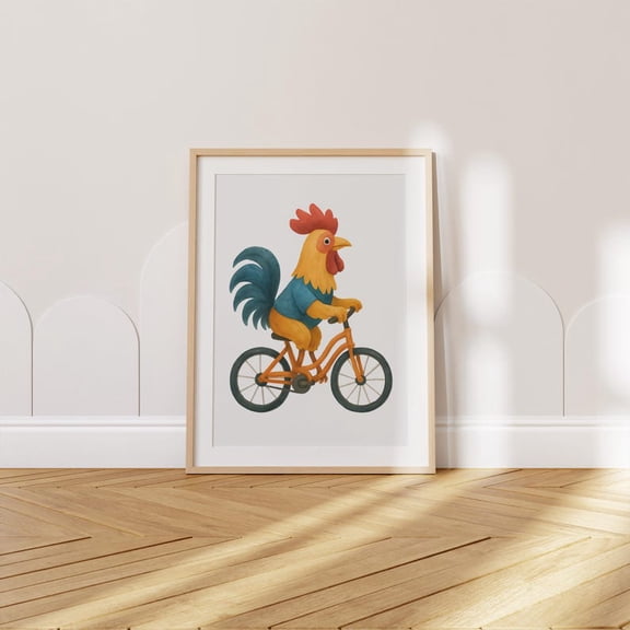 Whimsical Rooster on Bicycle Digital Poster, Farm Animal Wall Art for Kids, Nursery Decor, Playful Farmyard and Toddler Room Art 16x24 – UNFRAMED