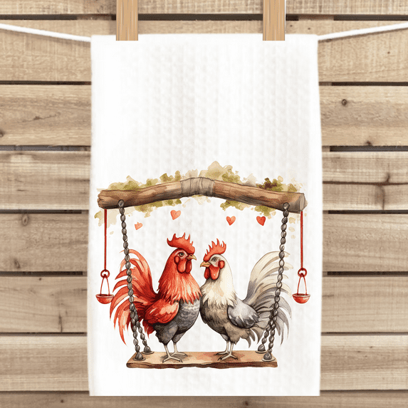 Whimsical Roosters Tea Towel Soft Waffle Weave 16x24