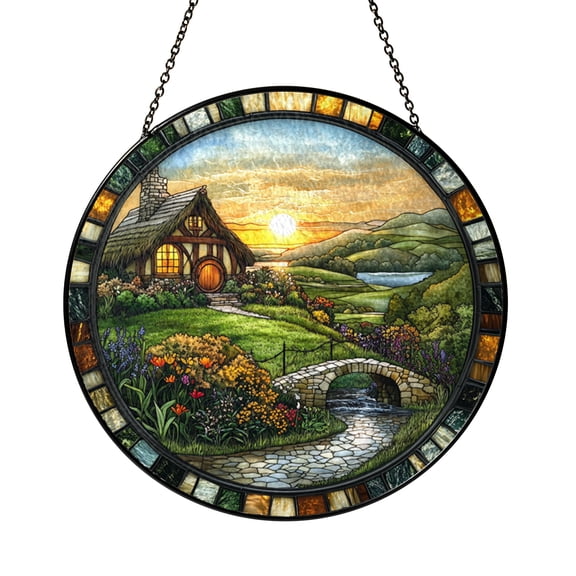 Whimsical Round Door Cottage Stained Glass Style Suncatcher Window Hanging Decor, Fantasy House Window Panel Art, Storybook Window Decoration Gift