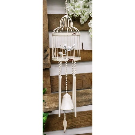 Whimsical Rustic White Bird Perching On Twig In Cage Aluminum Metal Wind Chime