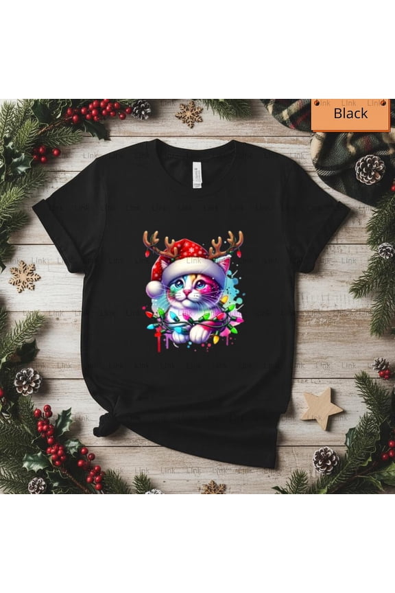 Whimsical Saint Nick Cat Tangled In Lights Catmas Unisex T-Shirt, up to size 5XL