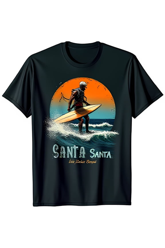 Whimsical Santa Claus Surfing T-Shirt Black Tee with Sunset Design & Santa Santa Text