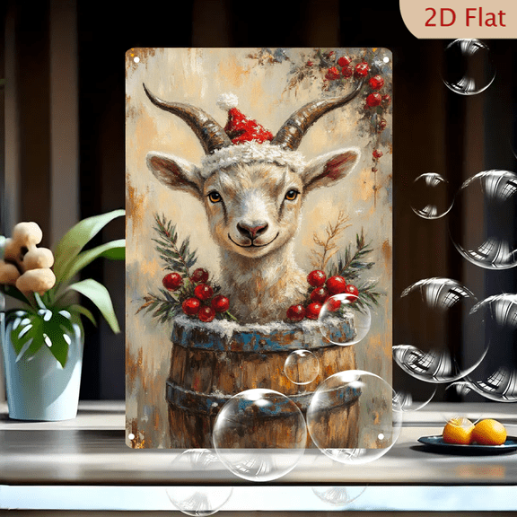 Whimsical Santa Goat in Rustic Barrel with Holly, Painterly 8x12in Metal Wall Art, Cozy Holiday Decor with Warm Beige Background