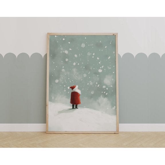 Whimsical Santa Watching Snowfall , Christmas Wall Art Print , Poster Print Only