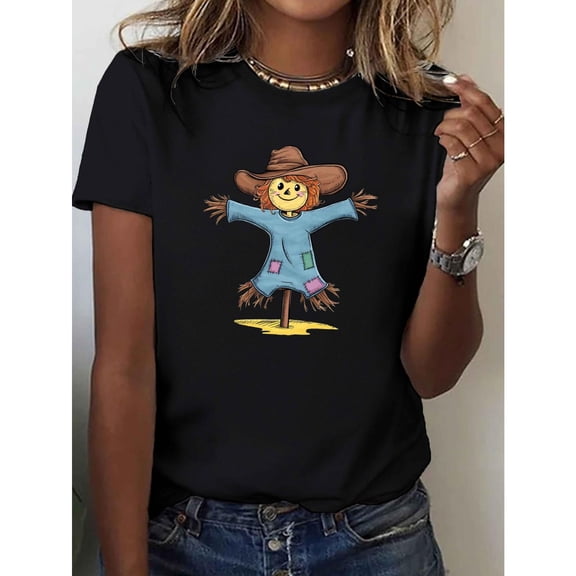 Whimsical Scarecrow T Shirt Womens Pure Cotton Comfortable Style Graphic Tee Short Sleeve Round Neck Black S-5XL