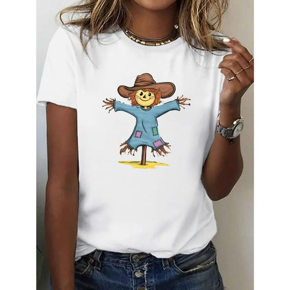 Whimsical Scarecrow T Shirt Womens Pure Comfortable Style Graphic Tee Short Sleeve Round Neck White S-5XL