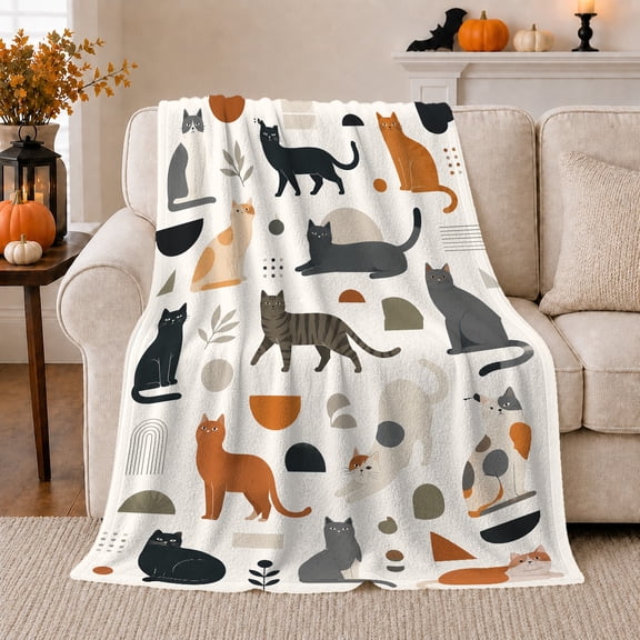 Whimsical Scattered Cats Abstract Accents Modern, Playful Pet Portrait Pattern, Warm Flannel Blanket for Living Room and Reading Nook, Cat Lovers Friendship Gift, Pet Lover Home Decor
