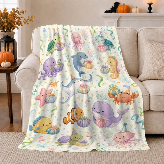Whimsical Sea Creatures with Gifts Watercolor Scene for Kids Room Bright Ocean Friends Cozy Flannel Blanket Birthday Gift in Playroom and Nursery Home Decor