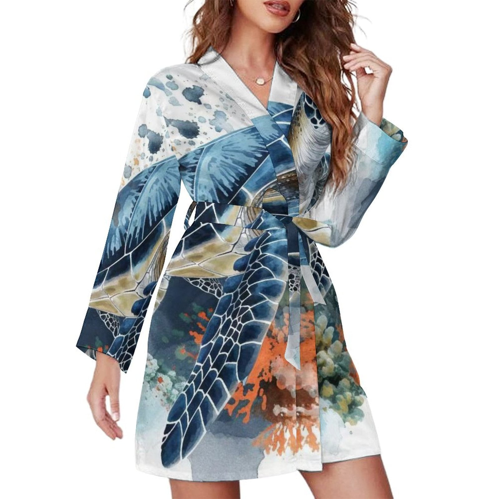 Whimsical Sea Turtle Illustration for Childrens Night Robe Long Sleeve ...