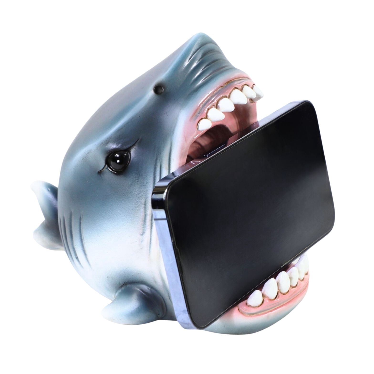 Whimsical Shark Cell Phone Stand Holder - Realistic Yet Playful Goofy Shark Jaw Teeth Design