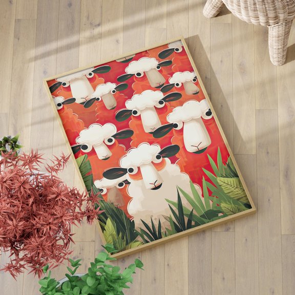 Whimsical Sheep Illustration Cute Nursery Decor Farm Animals Lambs Bright Meadow Scene Wall Art Print