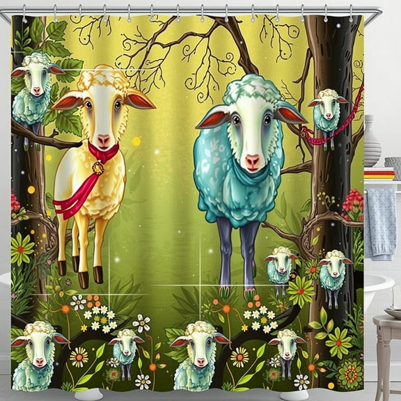 Whimsical Sheep Shower Curtain - Pastel Colors in Leafy Landscape Decor