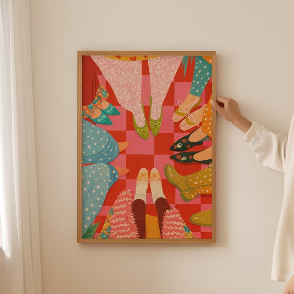 Whimsical Shoes Circle Art Print, Colorful Feminine Footwear Wall Decor