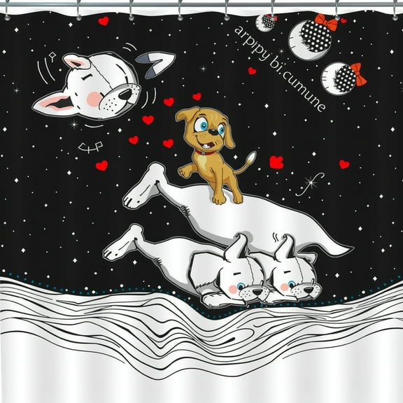 Whimsical Shower Curtain Featuring Playful Dogs in Starry Space Design