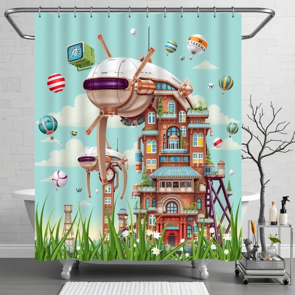 Whimsical Shower Curtain - Futuristic City with Buildings Hot Air & Flowers