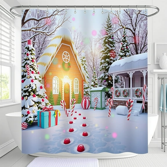 Whimsical Shower Curtain - Gingerbread House & Christmas Tree Design