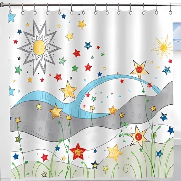 Whimsical Shower Curtain with Cheerful Yellow Sun Colorful Stars and Wavy Gray Lines - Playful & Floral Design for a Bright Bathroom Decor