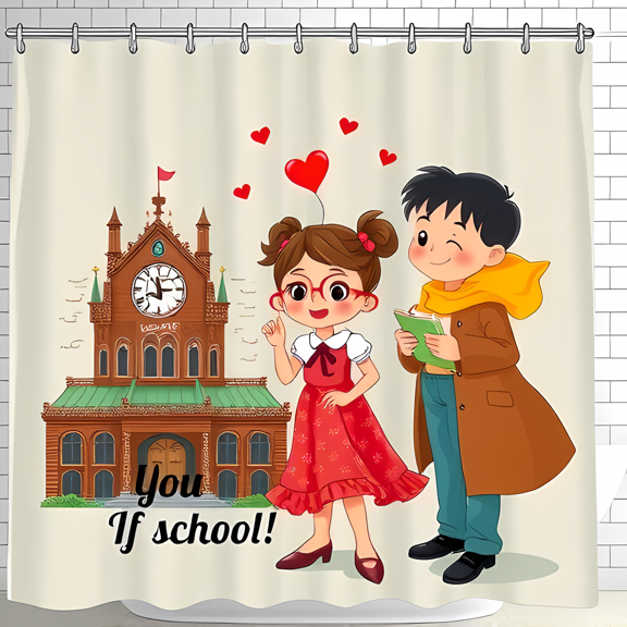 Whimsical Shower Curtain with Clock Tower School Scene - Cute Red Dress & Brown Coat Design Perfect for Bathroom Decor