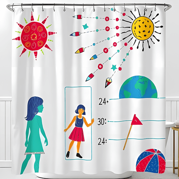 Whimsical Shower Curtain with Height Chart Colorful & Stars Fun Beach Theme