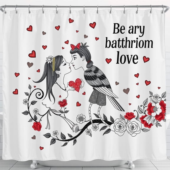 Whimsical Shower Curtain with Kissing Figures, Hearts & Floral Design - Romantic Bathroom Decor