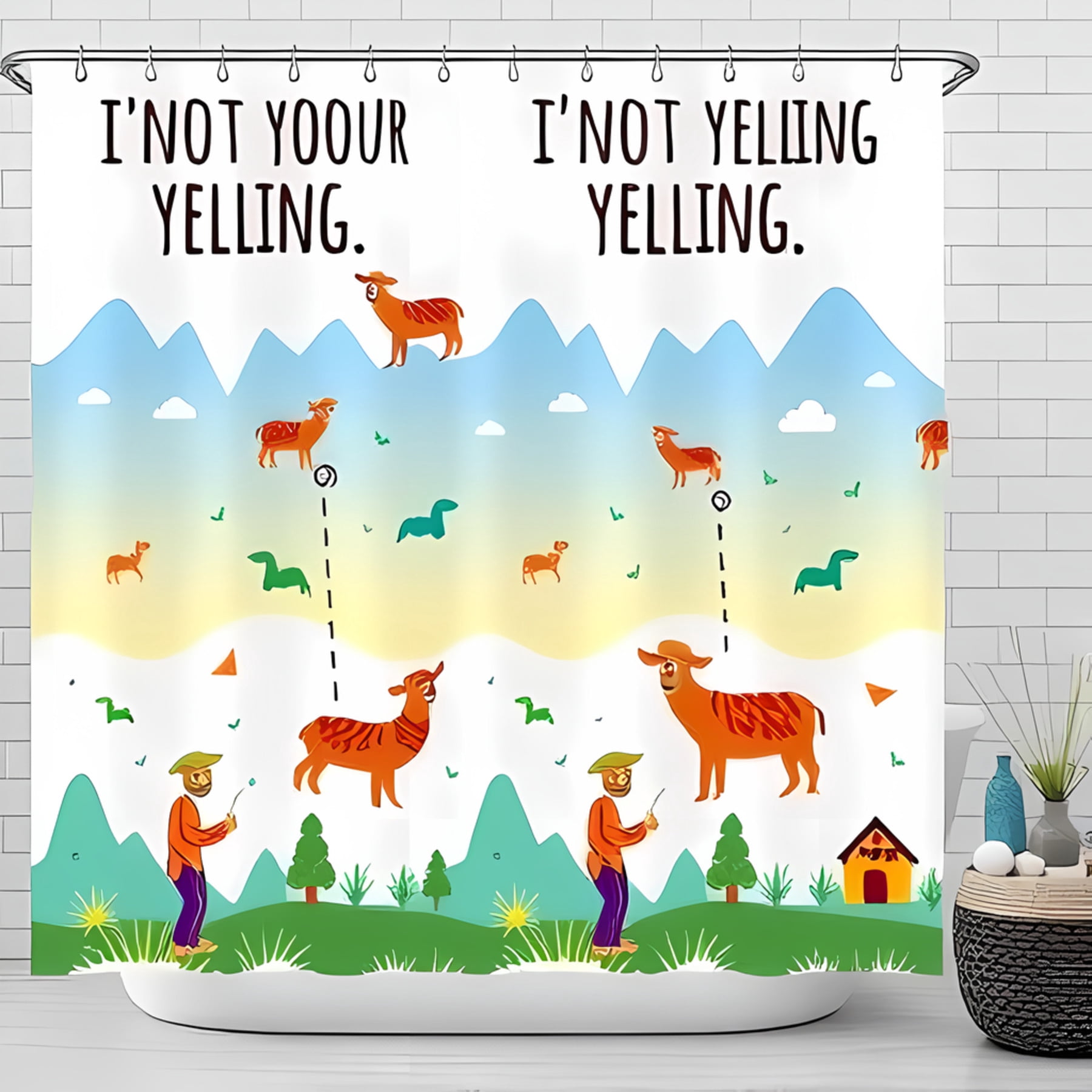 Whimsical Shower Curtain with Pastel Mountains & Clouds Humorous 'I'not
