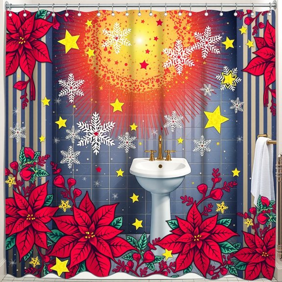 Whimsical Shower Curtain with Poinsettias & Stars - Cheerful Bathroom Decor