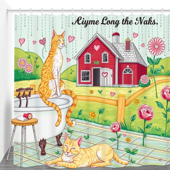 Whimsical Shower Curtain with Red Cottage, Cats & Raining Hearts - Joyful Decor