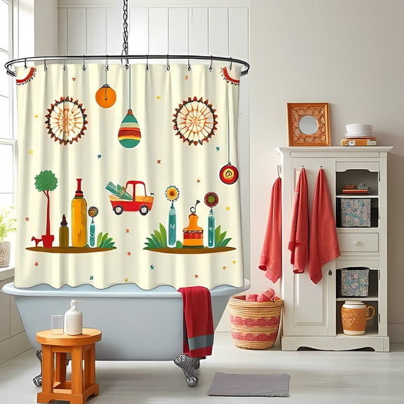 Whimsical Shower Curtain with Red Toy Truck & Colorful Designs - Brighten Your Bathroom Decor