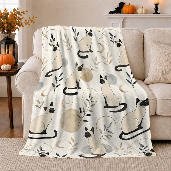 Whimsical Siamese Cat Botanical Pattern, Mystical Pet Portrait Pattern, Warm Flannel Blanket for Living Room and Bedroom, Cat Lovers Just Because Gift, Pet Lover Home Decor